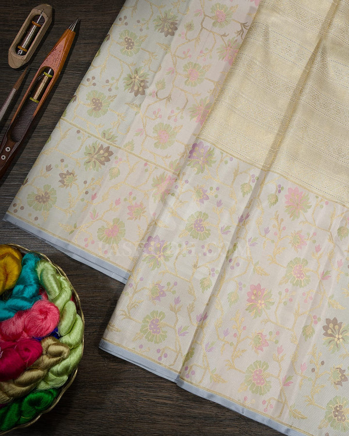Cream Pure Zari Paithani Kanjivaram Silk Saree-P197(B)