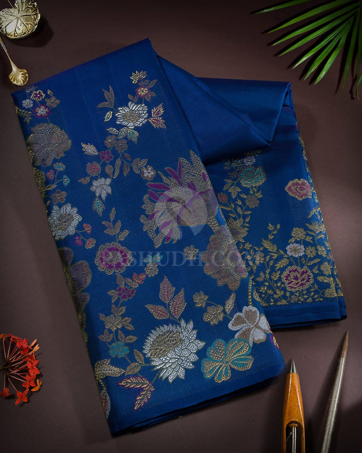 Dual Shaded Peacock Blue Pure Zari Meenakari Kanjivaram Silk Saree-P222(A)