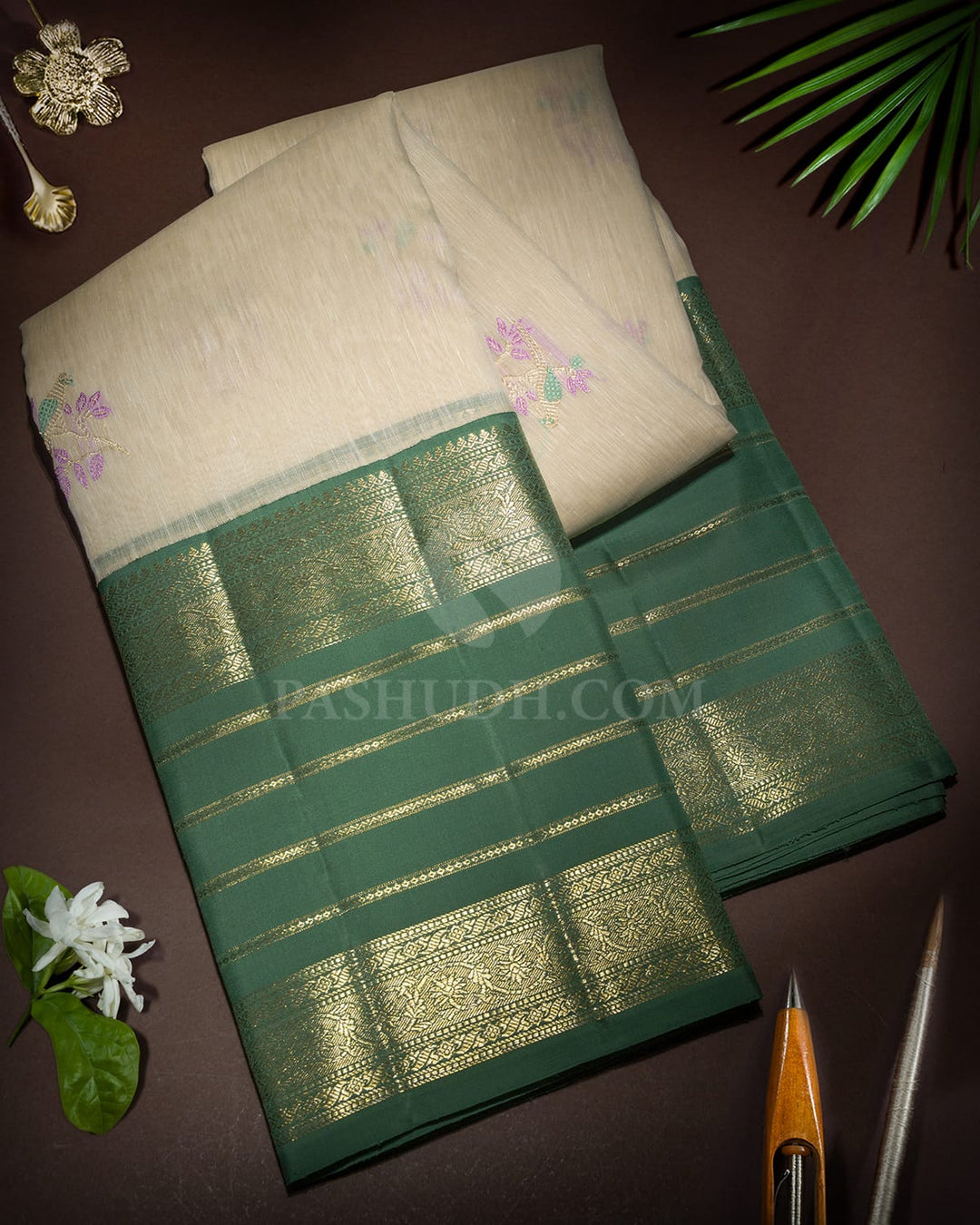 Cream Linen Kanjivaram Silk Saree-AK27
