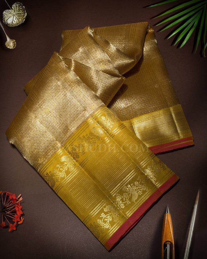 Fenugreek Yellow Organza Shimmer Kanjivaram Silk Saree-S1385(E)