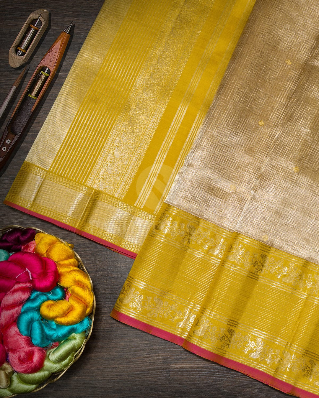 Fenugreek Yellow Organza Shimmer Kanjivaram Silk Saree-S1385(E)