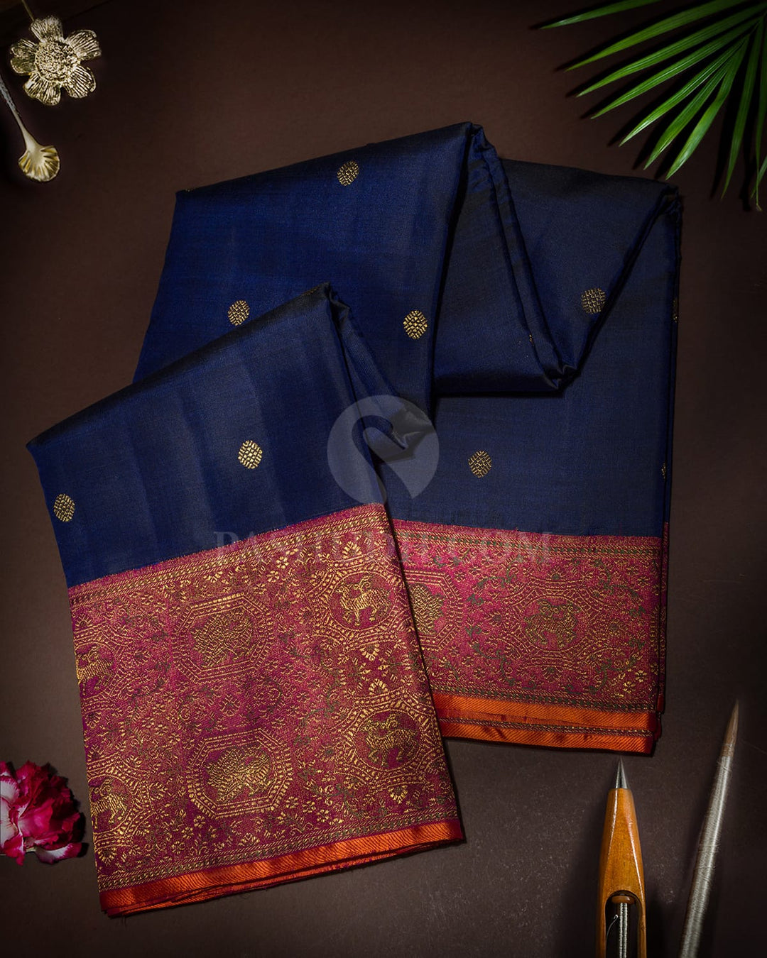 Navy Blue Vanasingaram Border Kanjivaram Silk Saree-S1674(E)