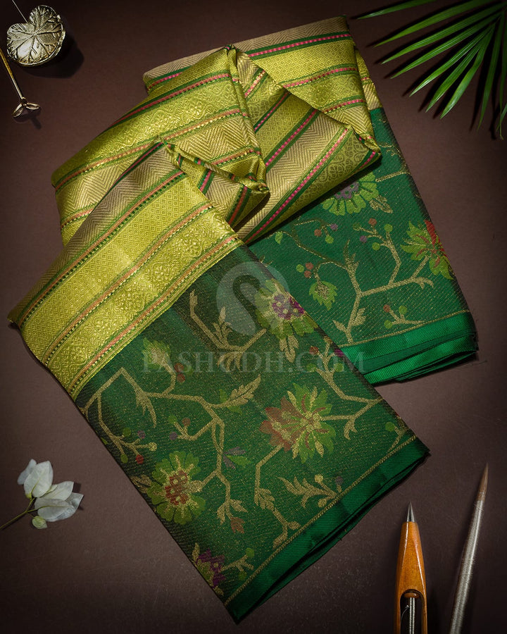 Multicolored Green Pure Zari Paithani Kanjivaram Silk Saree-P197(D)