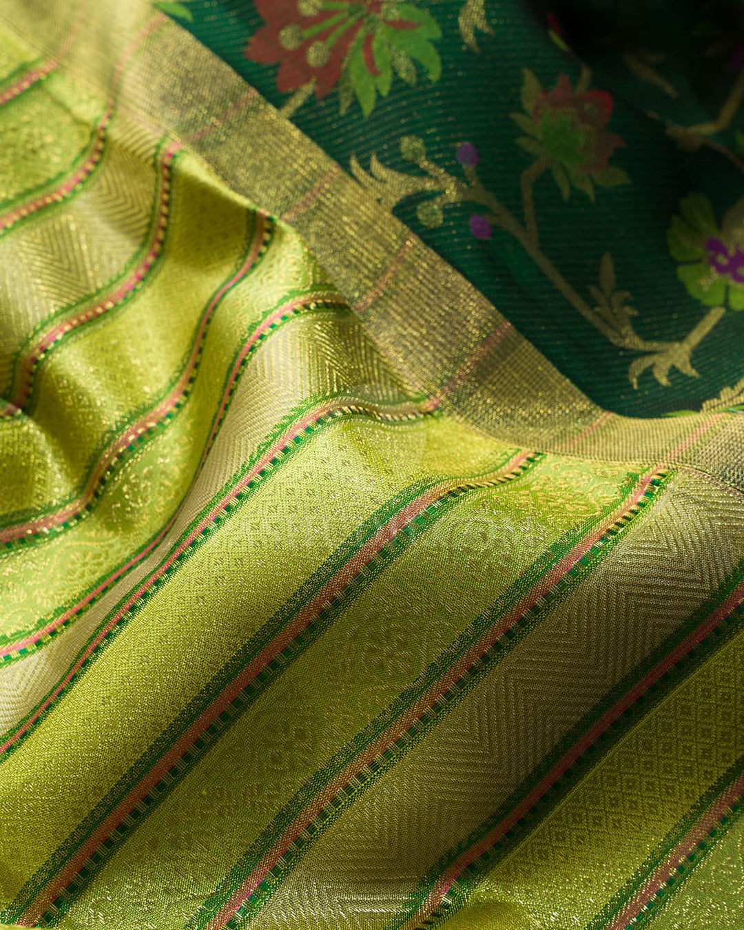 Multicolored Green Pure Zari Paithani Kanjivaram Silk Saree-P197(D)