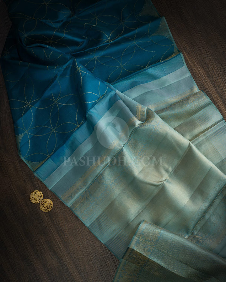 Teal Blue Borderless Kanjivaram Silk Saree-DJ479(A)