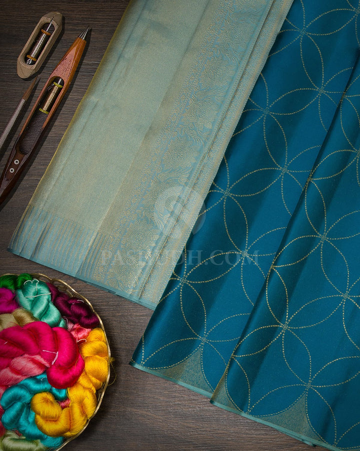 Teal Blue Borderless Kanjivaram Silk Saree-DJ479(A)