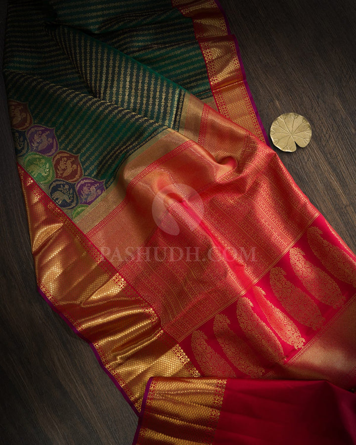 Dual Shaded Bottle Green Pure Zari Kanjivaram Silk Saree-P239(A)