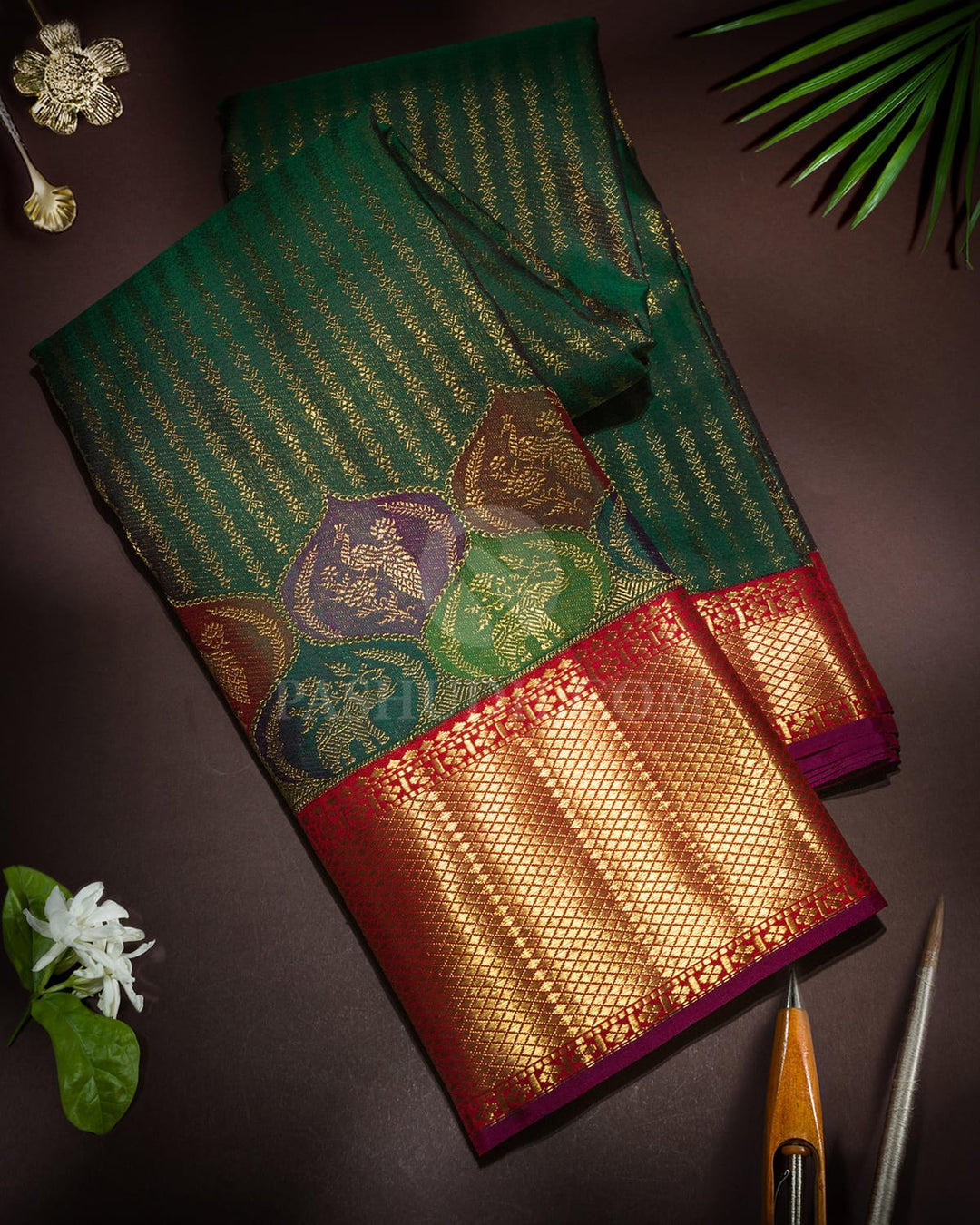 Dual Shaded Bottle Green Pure Zari Kanjivaram Silk Saree-P239(A)