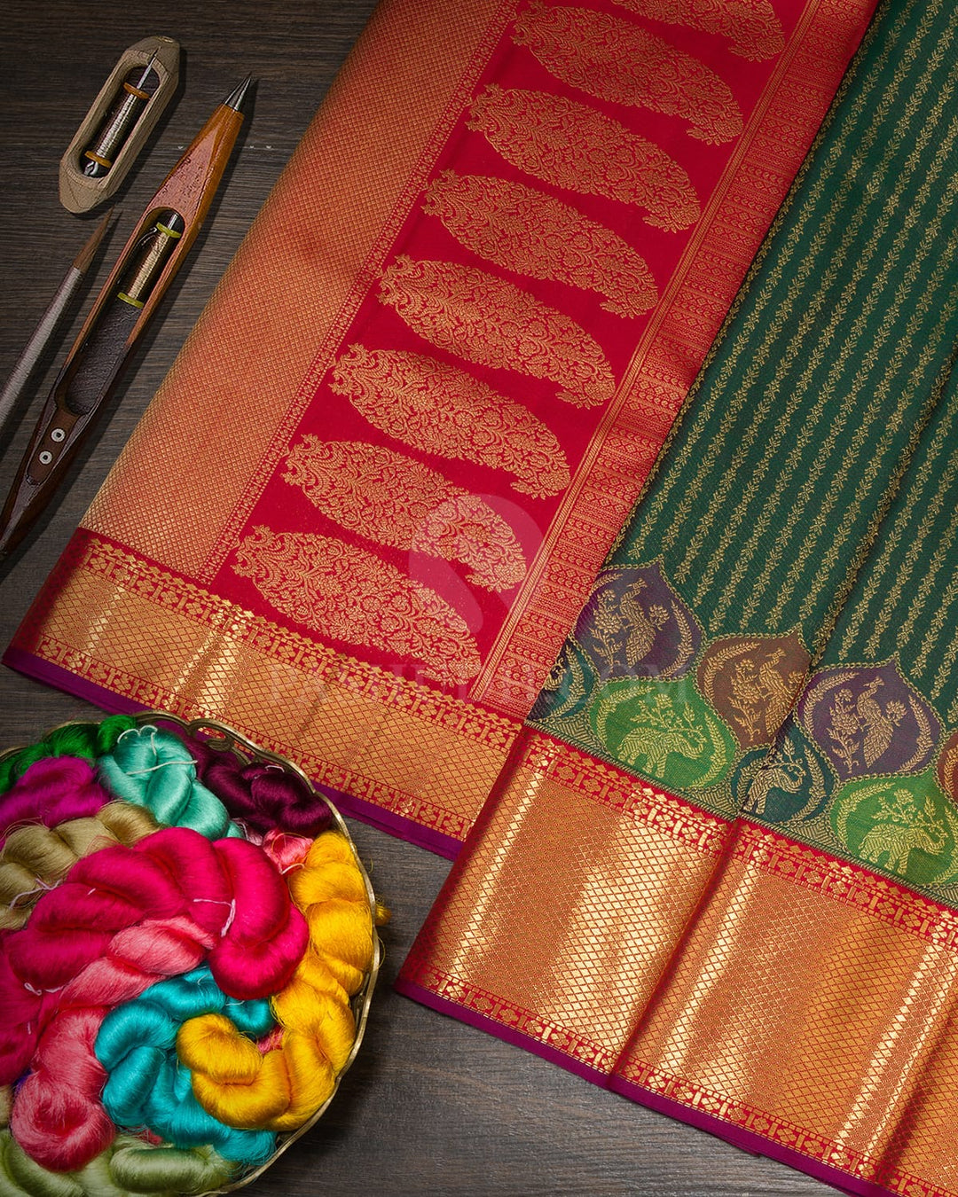 Dual Shaded Bottle Green Pure Zari Kanjivaram Silk Saree-P239(A)