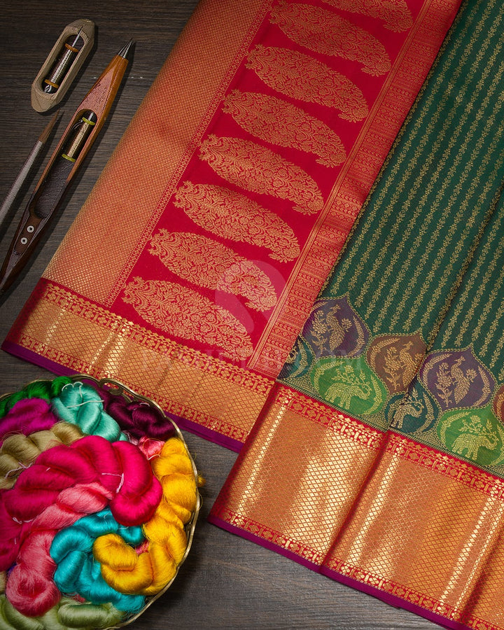 Dual Shaded Bottle Green Pure Zari Kanjivaram Silk Saree-P239(A)