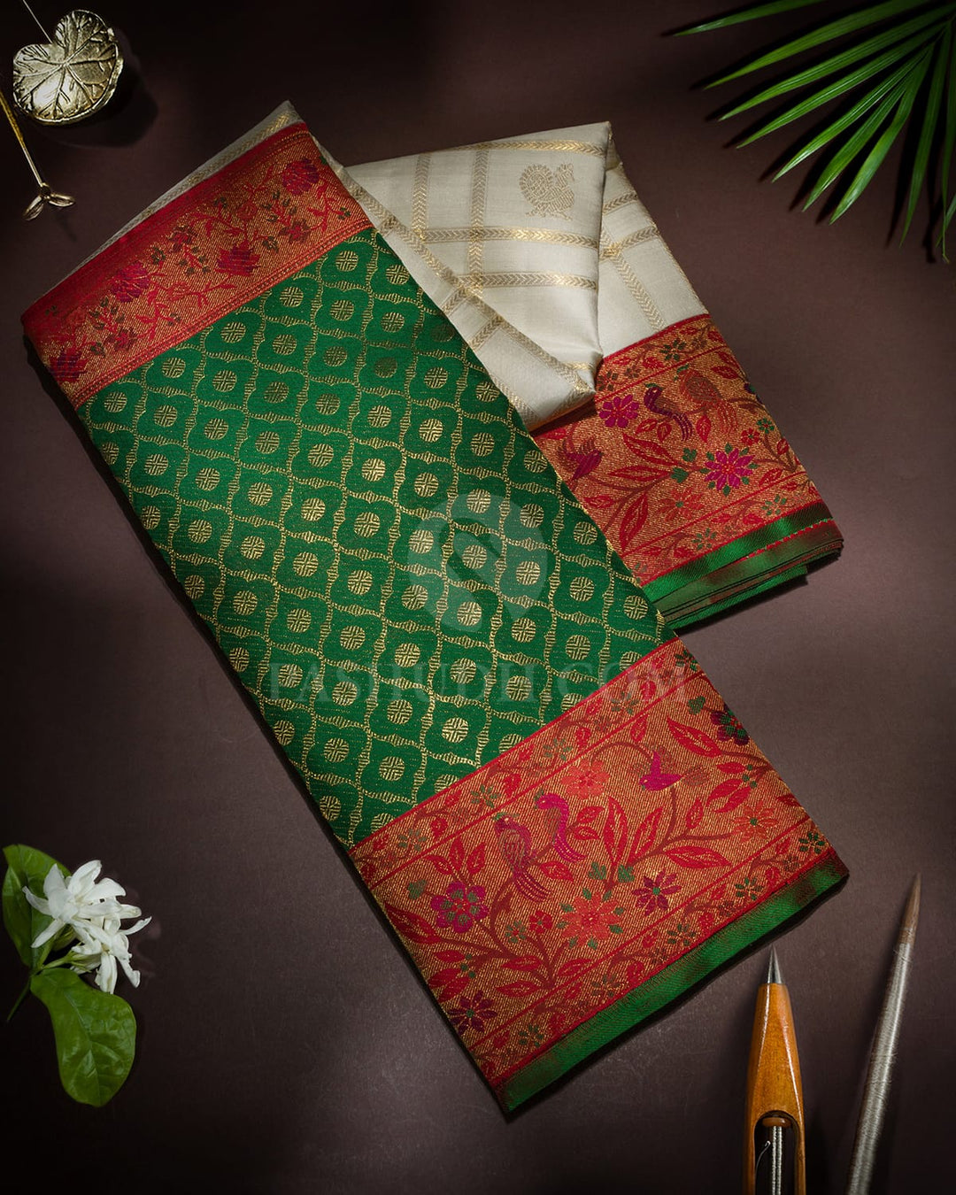 Ivory With Red And Green Pure Zari Kanjivaram Silk Saree-P237(A)