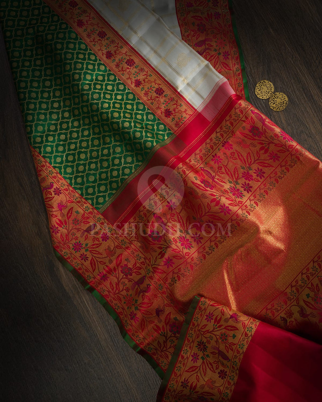Ivory With Red And Green Pure Zari Kanjivaram Silk Saree-P237(A)