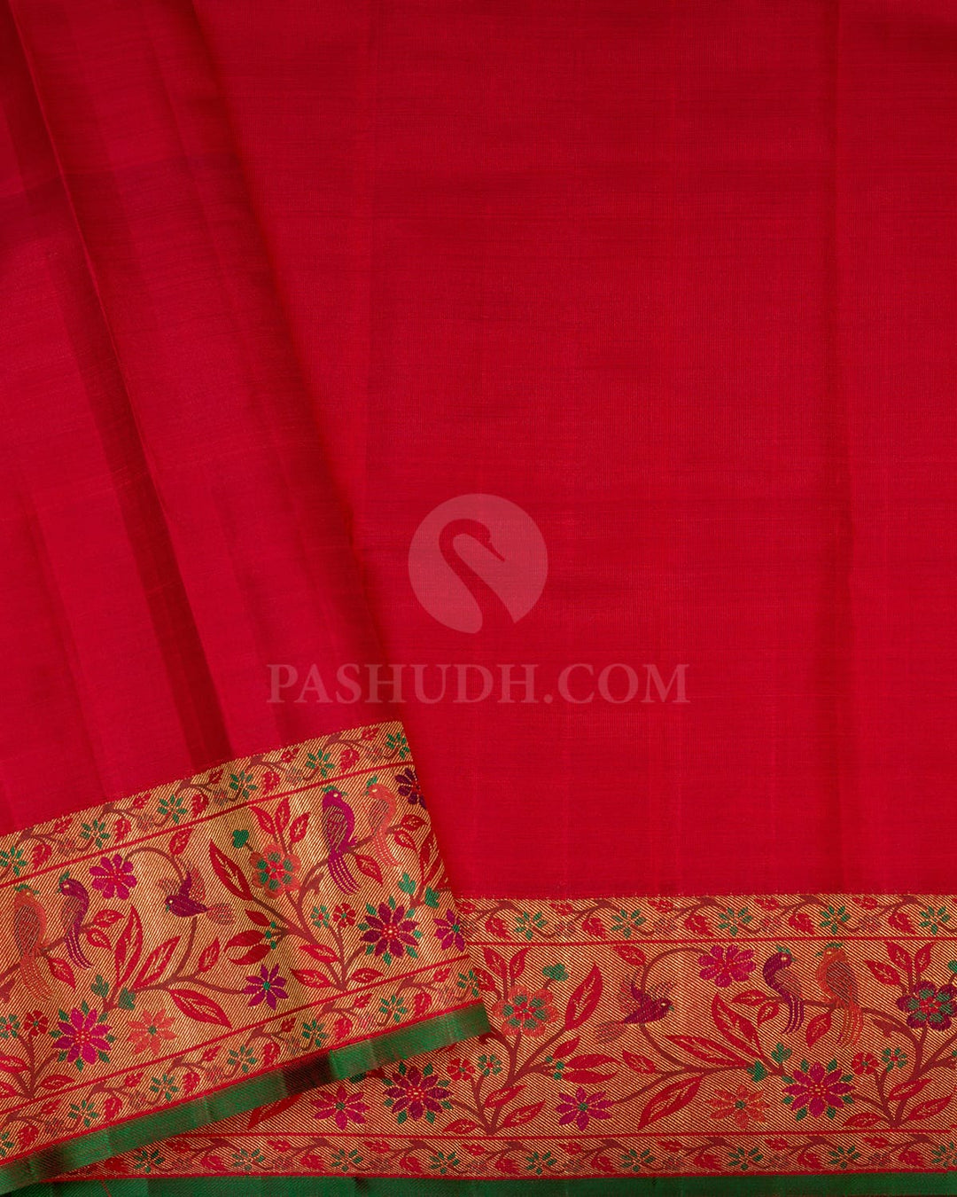 Ivory With Red And Green Pure Zari Kanjivaram Silk Saree-P237(A)