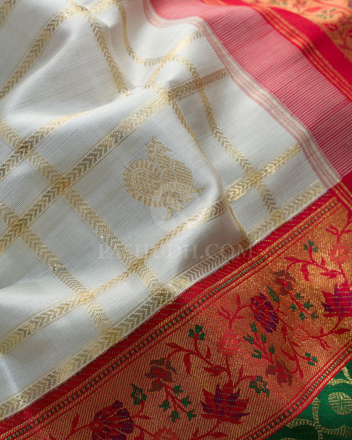 Ivory With Red And Green Pure Zari Kanjivaram Silk Saree-P237(A)