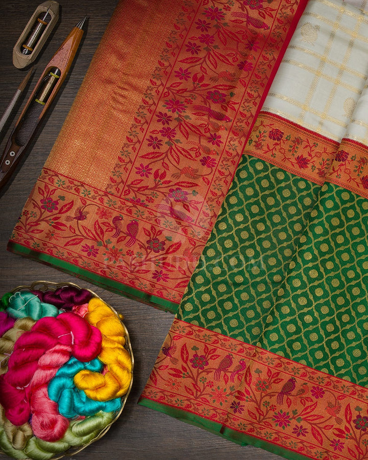 Ivory With Red And Green Pure Zari Kanjivaram Silk Saree-P237(A)