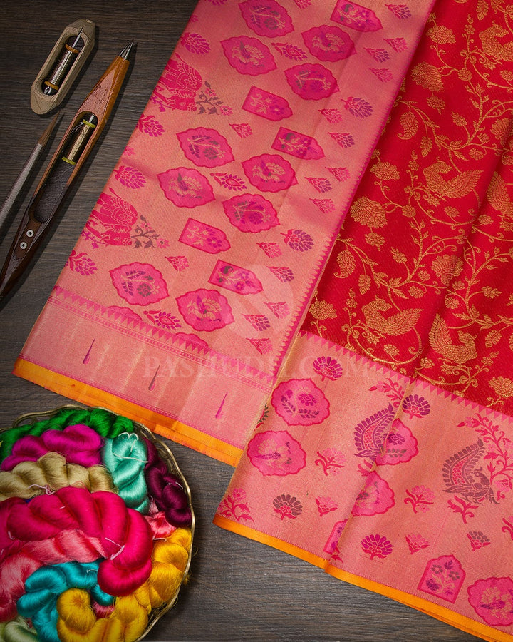 Bright Red Meenakari Pure Zari Kanjivaram Silk Saree-P238(A)