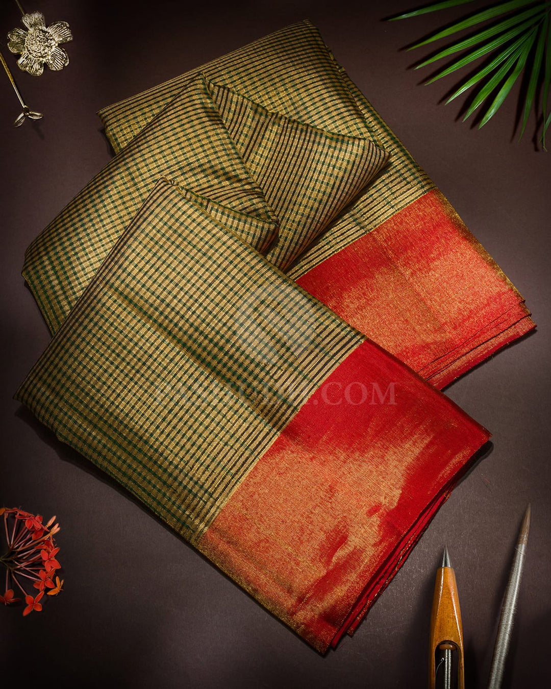 Tussar And Green Checked Kanjivaram Silk Saree-S1630(C)
