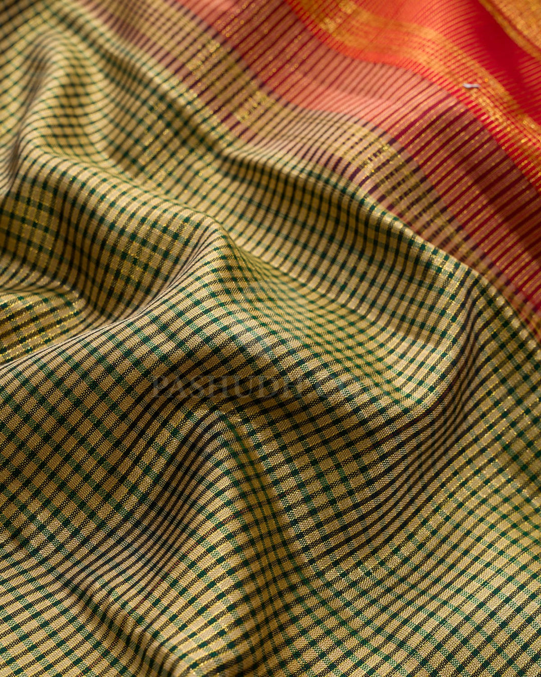 Tussar And Green Checked Kanjivaram Silk Saree-S1630(C)