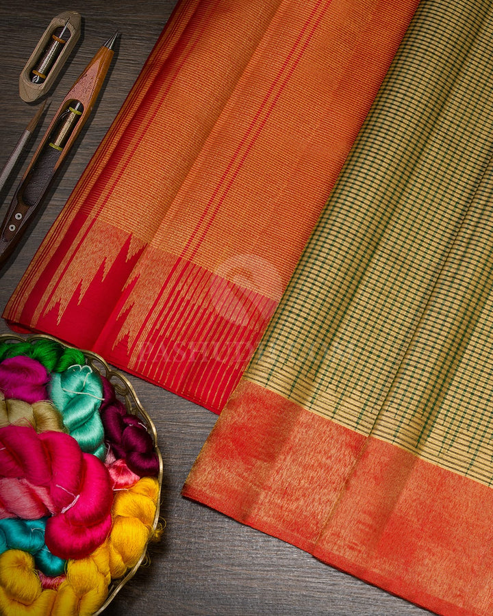 Tussar And Green Checked Kanjivaram Silk Saree-S1630(C)