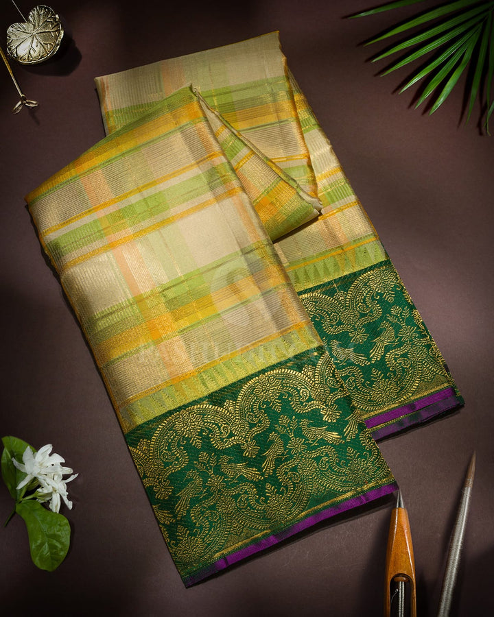 Yellow With Parrot Green Multicolored Kanjivaram Silk Saree-S1680(D)