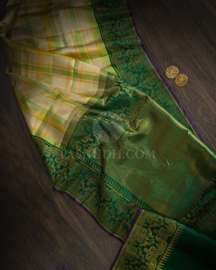 Yellow With Parrot Green Multicolored Kanjivaram Silk Saree-S1680(D)