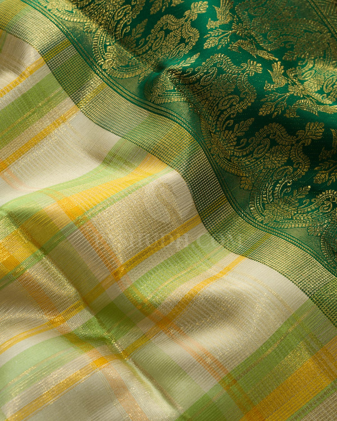 Yellow With Parrot Green Multicolored Kanjivaram Silk Saree-S1680(D)