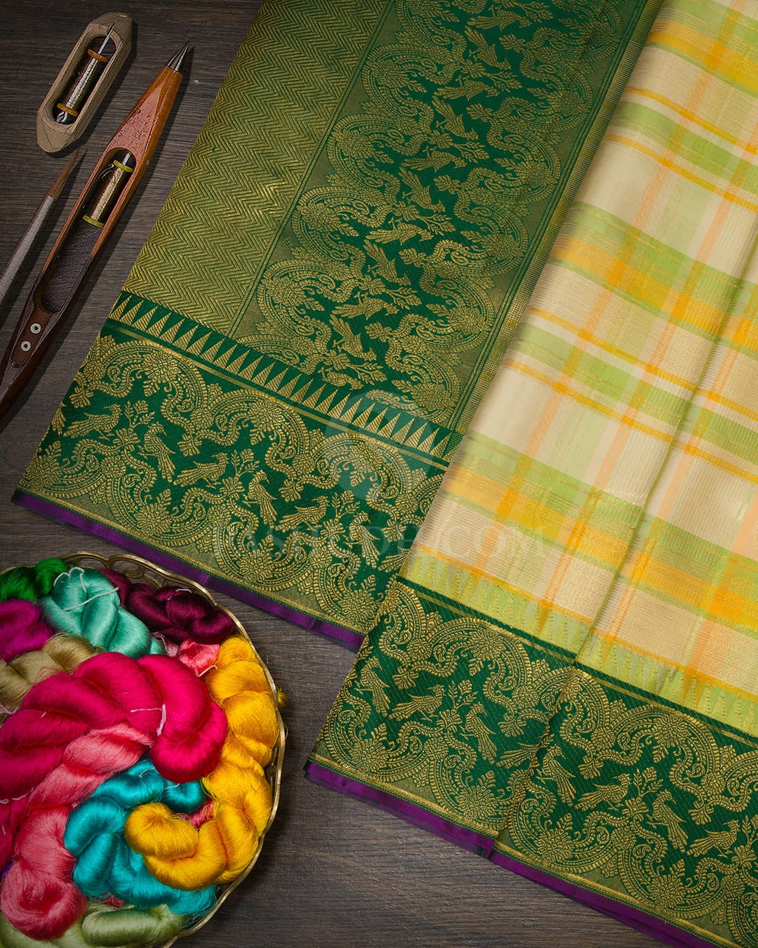 Yellow With Parrot Green Multicolored Kanjivaram Silk Saree-S1680(D)