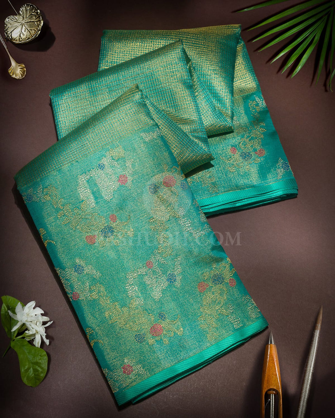 Sapphire Green Silk Tissue Meenakari Kanjivaram Silk Saree-S1795(B)