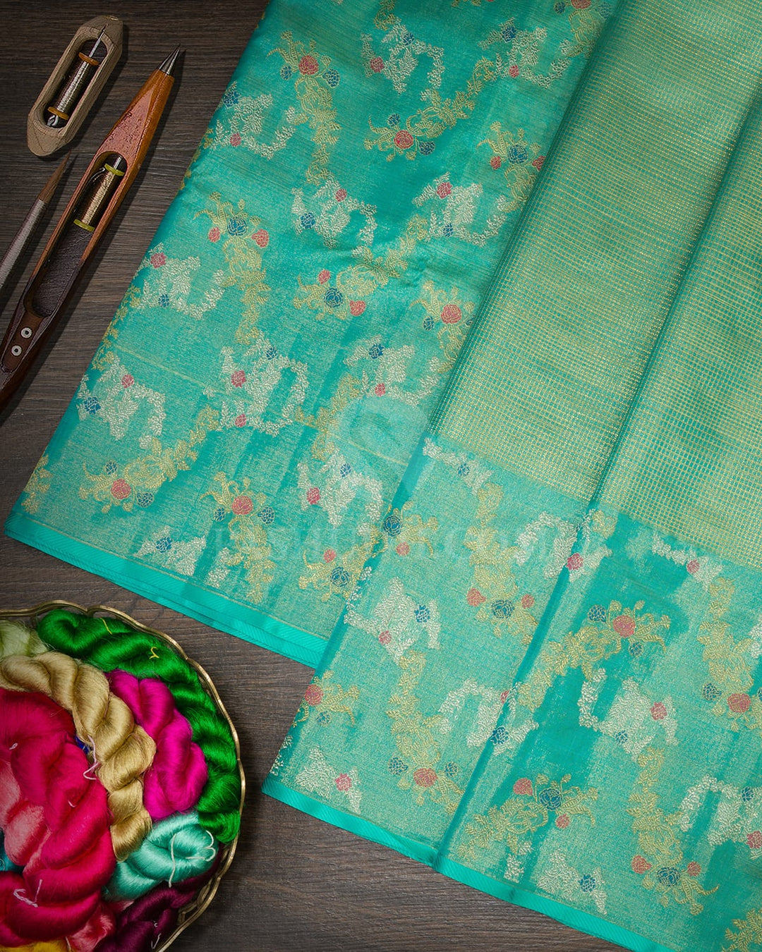 Sapphire Green Silk Tissue Meenakari Kanjivaram Silk Saree-S1795(B)