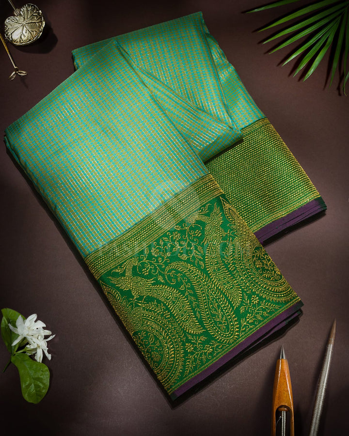 Sky Blue With Parrot Green Kanjivaram Silk Saree-S1742(B)