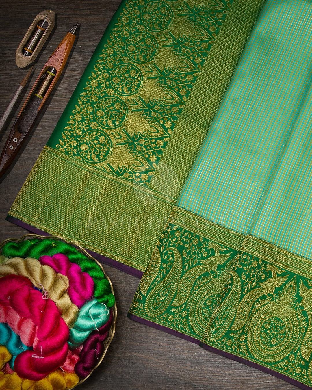 Sky Blue With Parrot Green Kanjivaram Silk Saree-S1742(B)