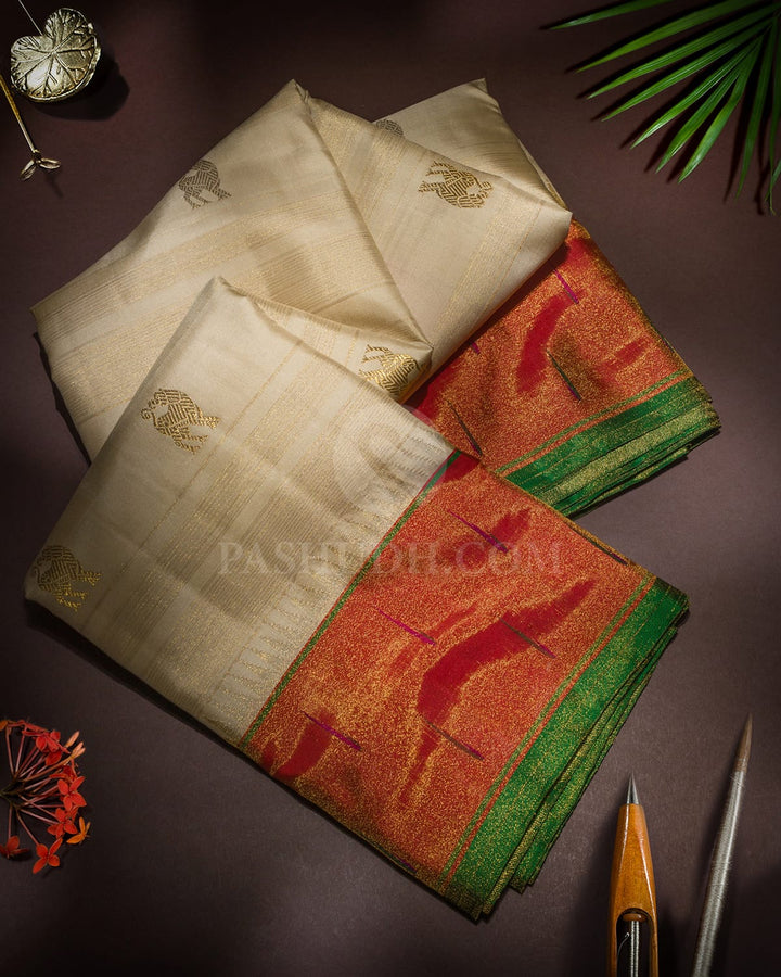 Ivory Paithani Kanjivaram Silk Saree-S1663(B)