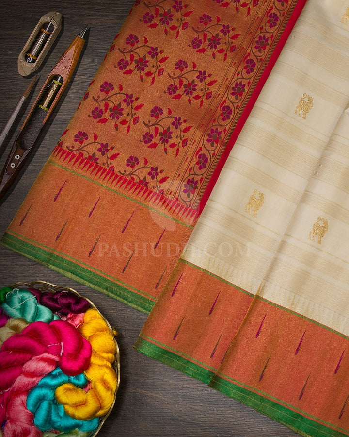 Ivory Paithani Kanjivaram Silk Saree-S1663(B)