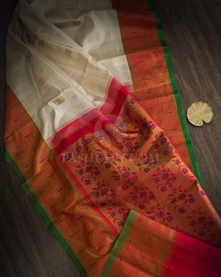 Ivory Paithani Kanjivaram Silk Saree-S1663(B)