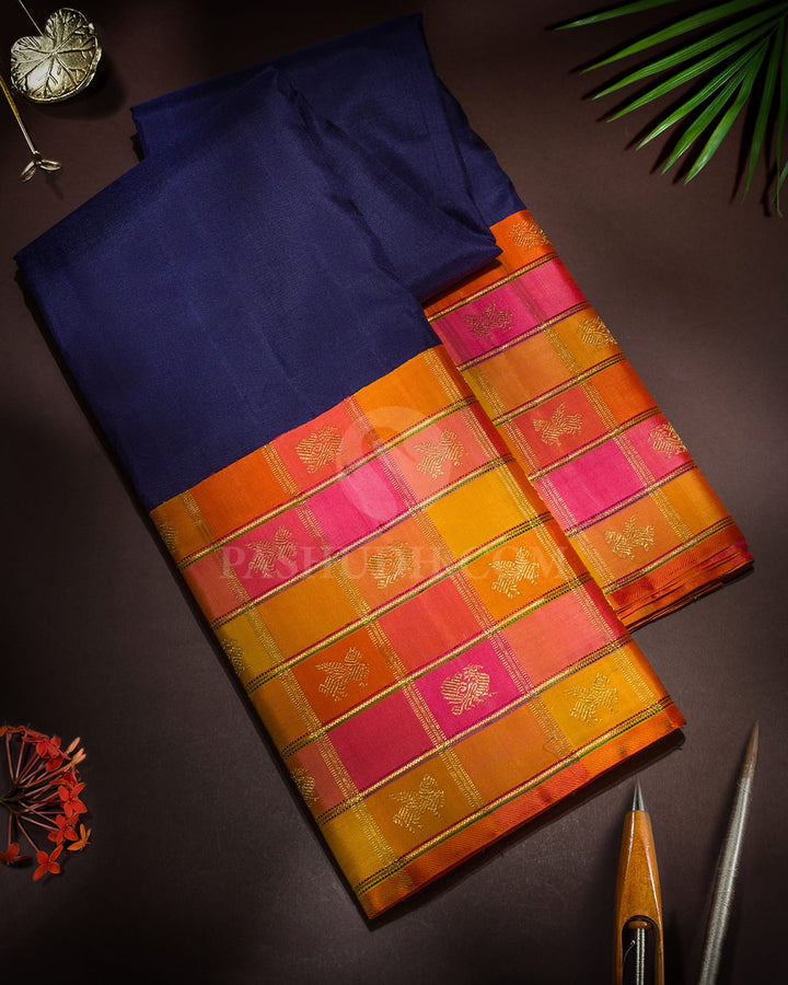 Navy Blue Paalum Pazhamum Checks Kanjivaram Silk Saree-S1856(A)