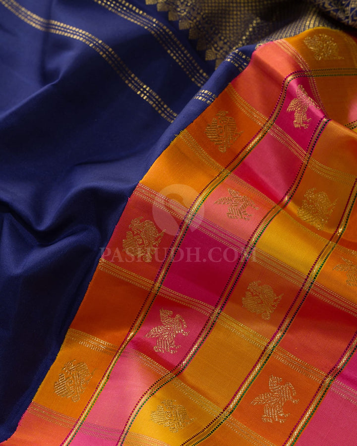 Navy Blue Paalum Pazhamum Checks Kanjivaram Silk Saree-S1856(A)
