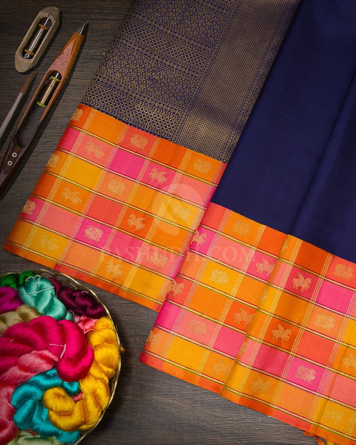 Navy Blue Paalum Pazhamum Checks Kanjivaram Silk Saree-S1856(A)