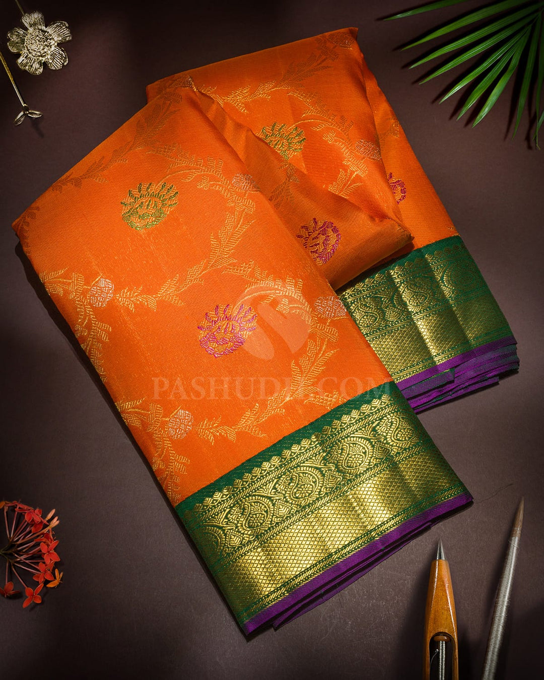 Bright Orange Meenakari Kanjivaram Silk Saree-S1458(D)