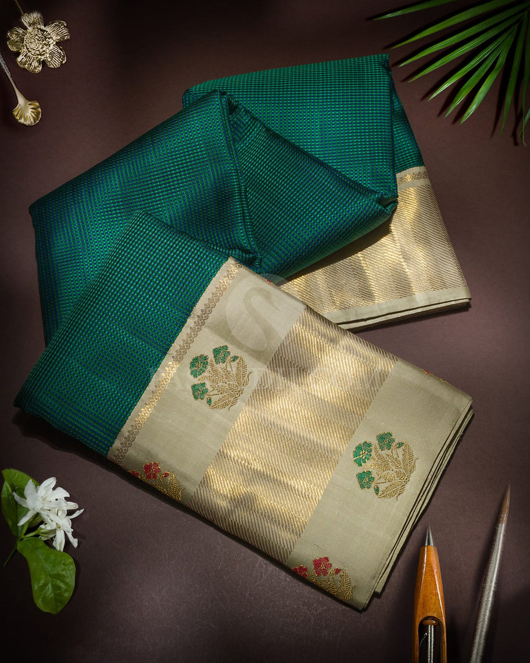 Teal Green With Blue Meenakari Kanjivaram Silk Saree-S1728(D)