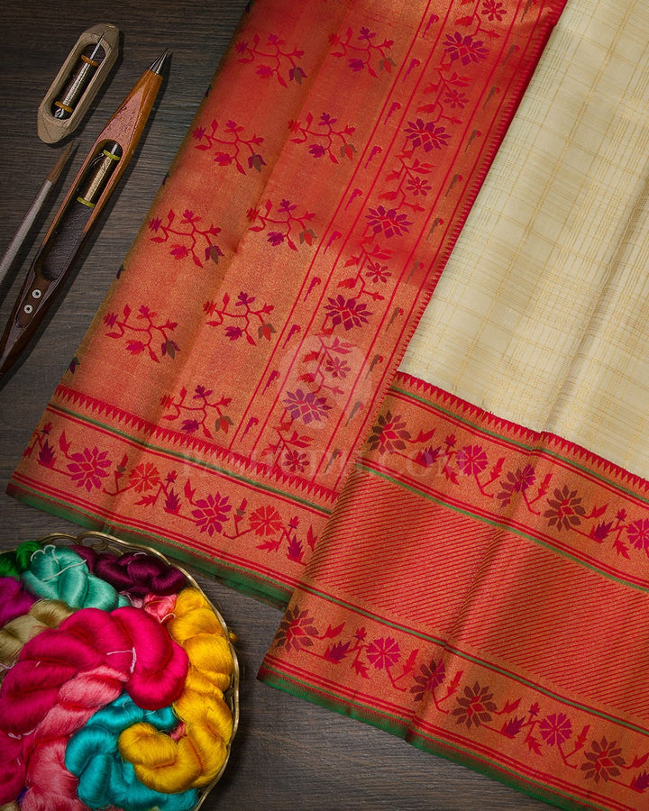 Cream With Red Paithani Kanjivaram Silk Saree-S1722(B)