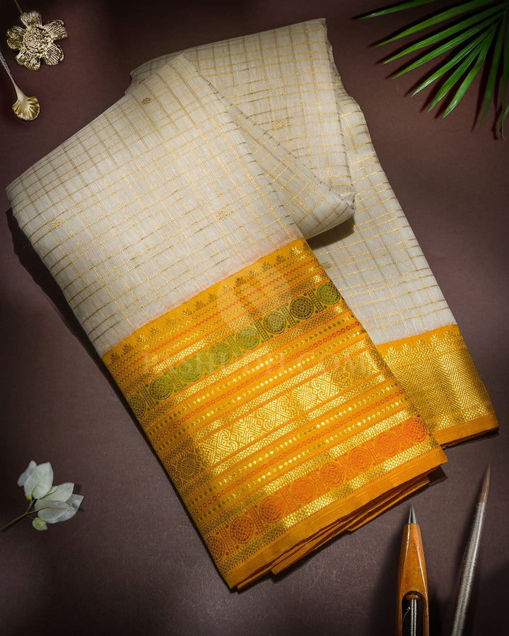 Half White Linen Kanjivaram Silk Saree-S1859(A)