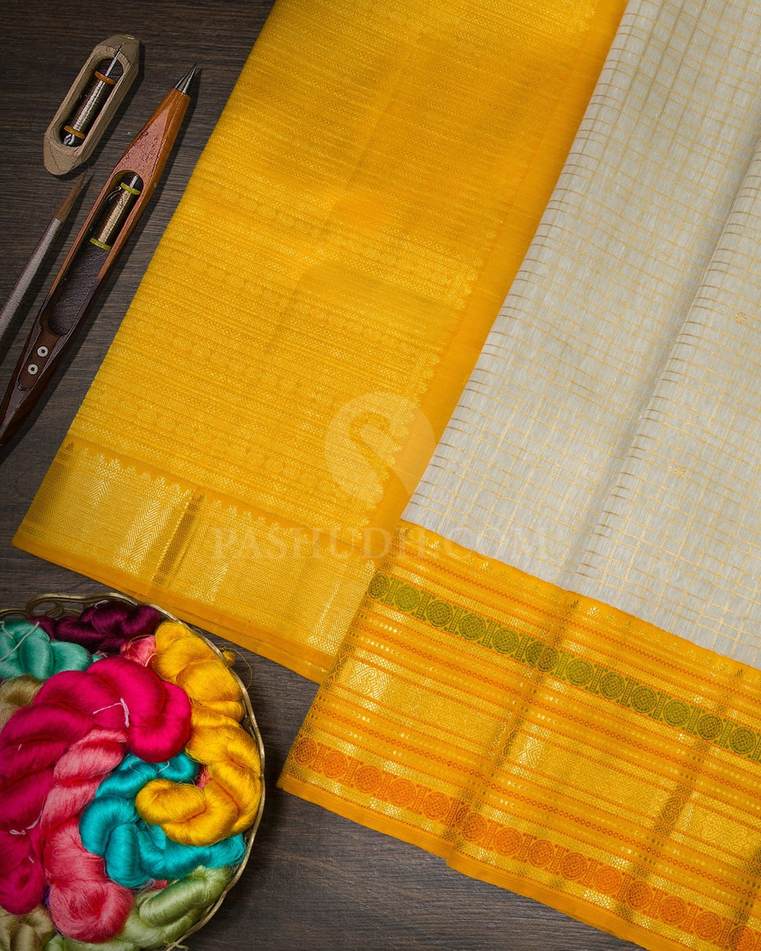 Half White Linen Kanjivaram Silk Saree-S1859(A)