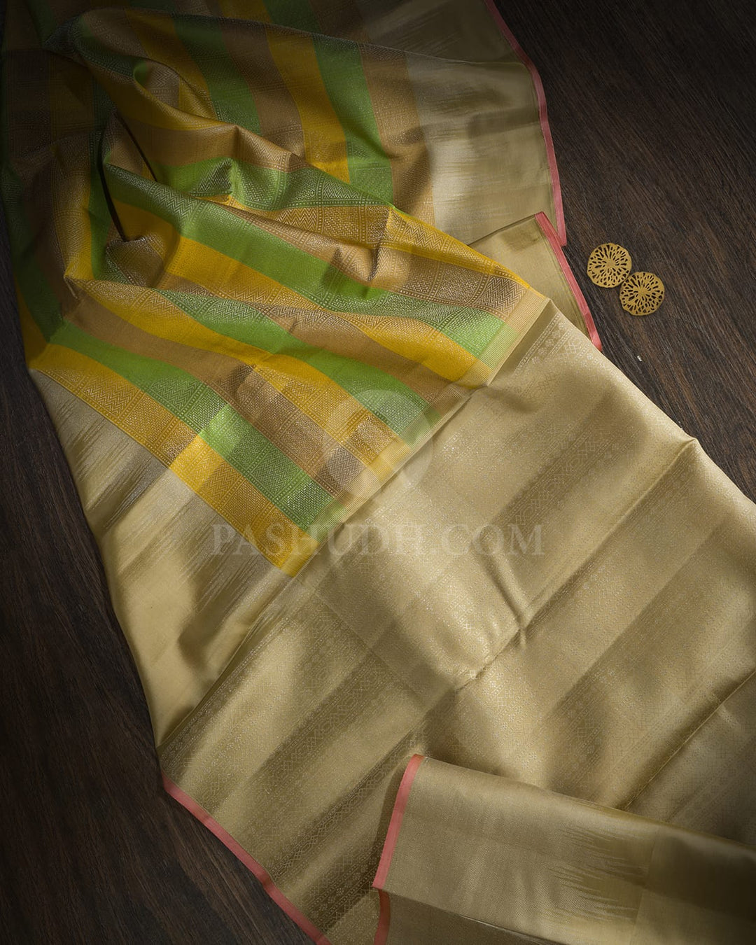 Multicolored Green With Beige Kanjivaram Silk Saree-DJ436(I)