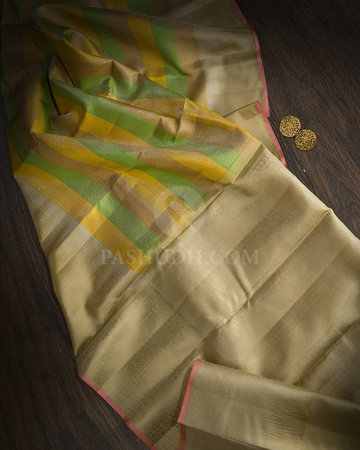 Multicolored Green With Beige Kanjivaram Silk Saree-DJ436(I)