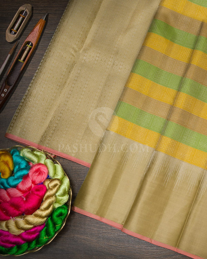 Multicolored Green With Beige Kanjivaram Silk Saree-DJ436(I)