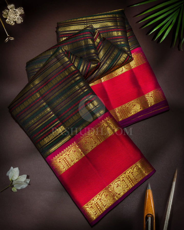 Black With Reddish Pink Retta Petta Border Kanjivaram Silk Saree-S1484(J)
