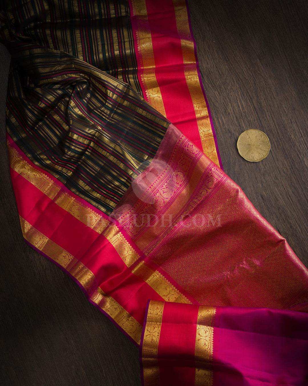 Black With Reddish Pink Retta Petta Border Kanjivaram Silk Saree-S1484(J)