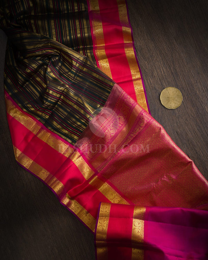 Black With Reddish Pink Retta Petta Border Kanjivaram Silk Saree-S1484(J)