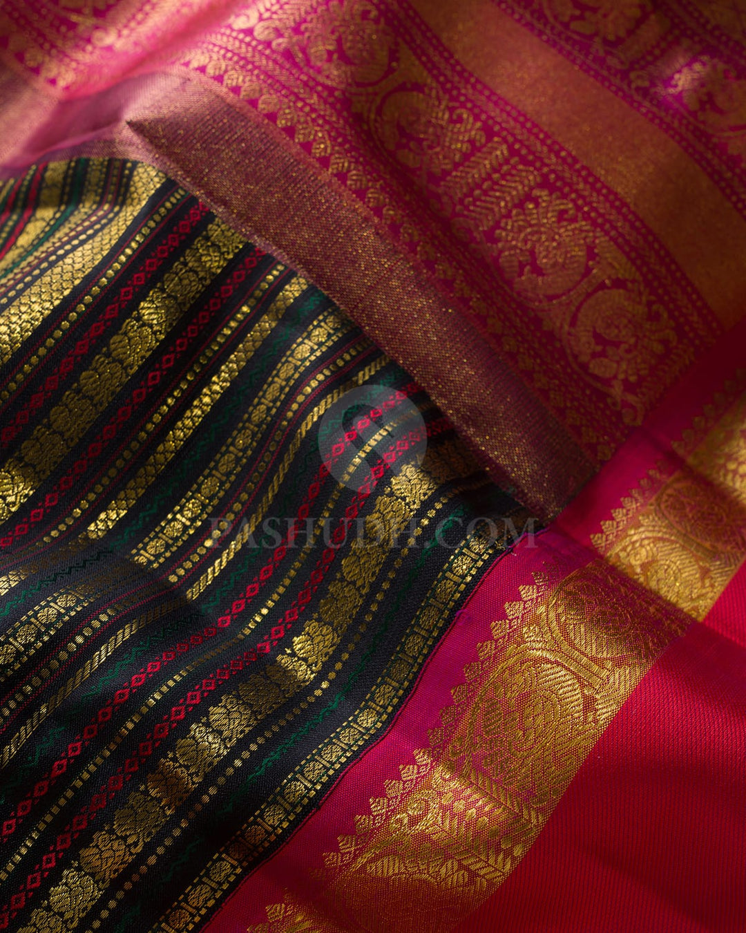 Black With Reddish Pink Retta Petta Border Kanjivaram Silk Saree-S1484(J)