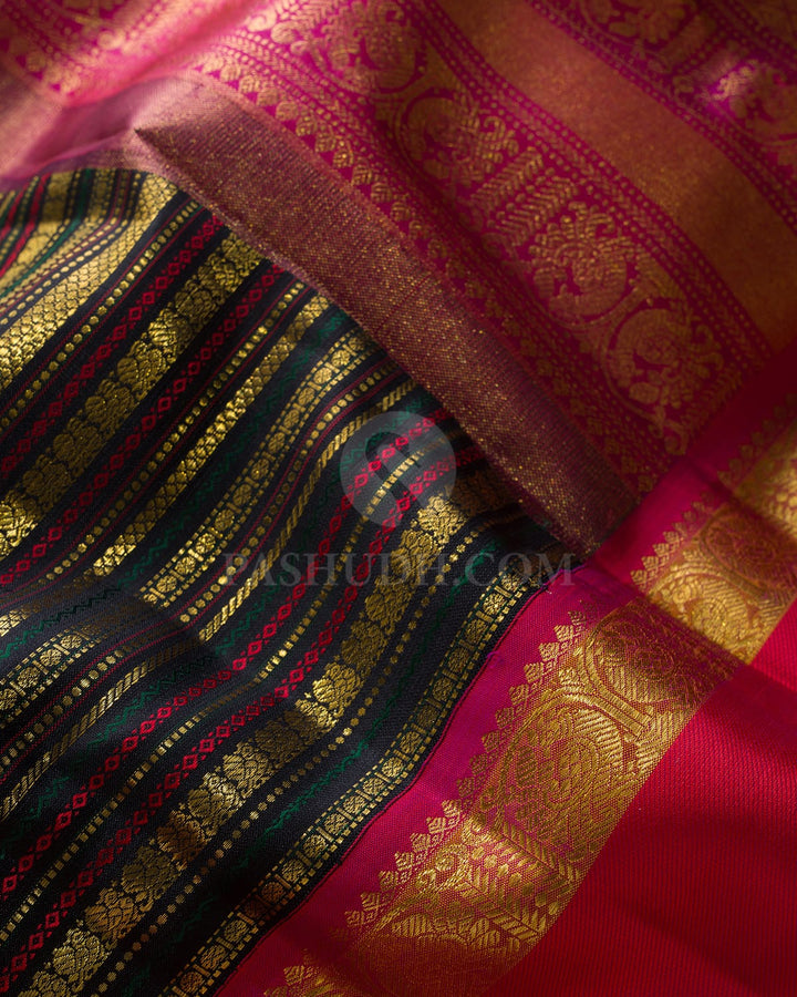 Black With Reddish Pink Retta Petta Border Kanjivaram Silk Saree-S1484(J)